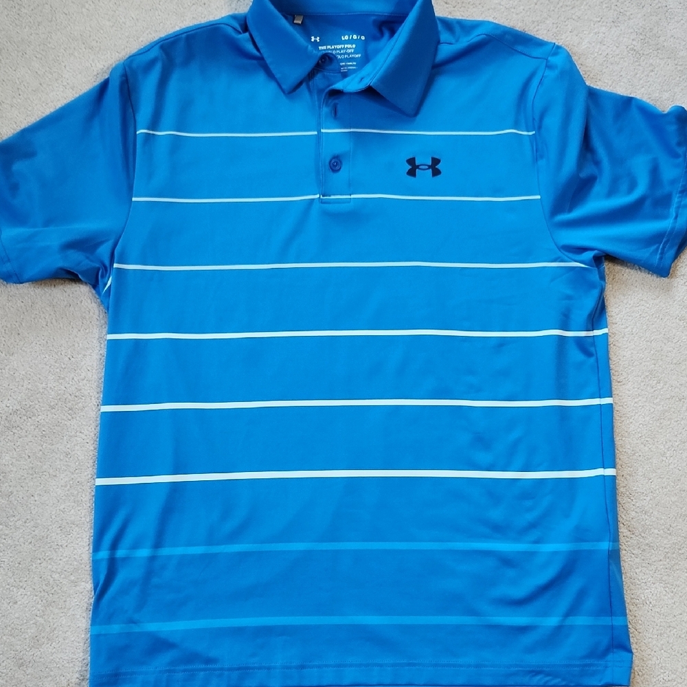 Under Armour Loose Fit Short Sleeve Blue White Stripe Polo Golf Shirt - Large